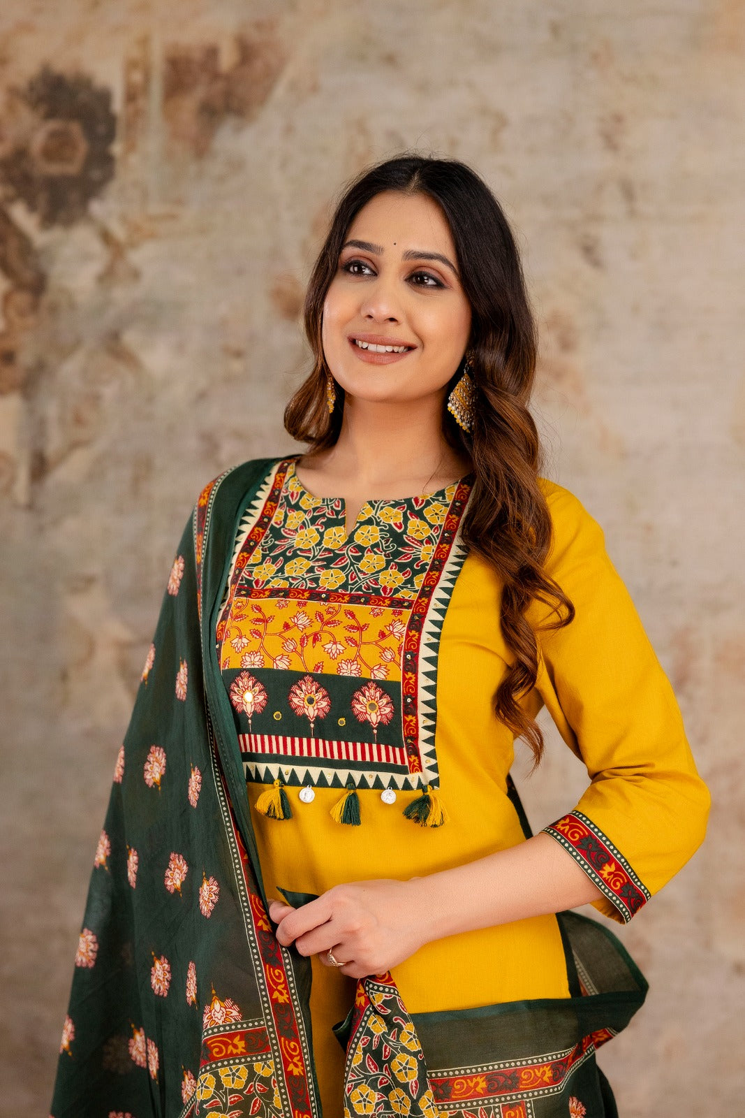 Jaipure Mustard Yellow Cotton Kurti Set with Green Printed Dupatta 127002