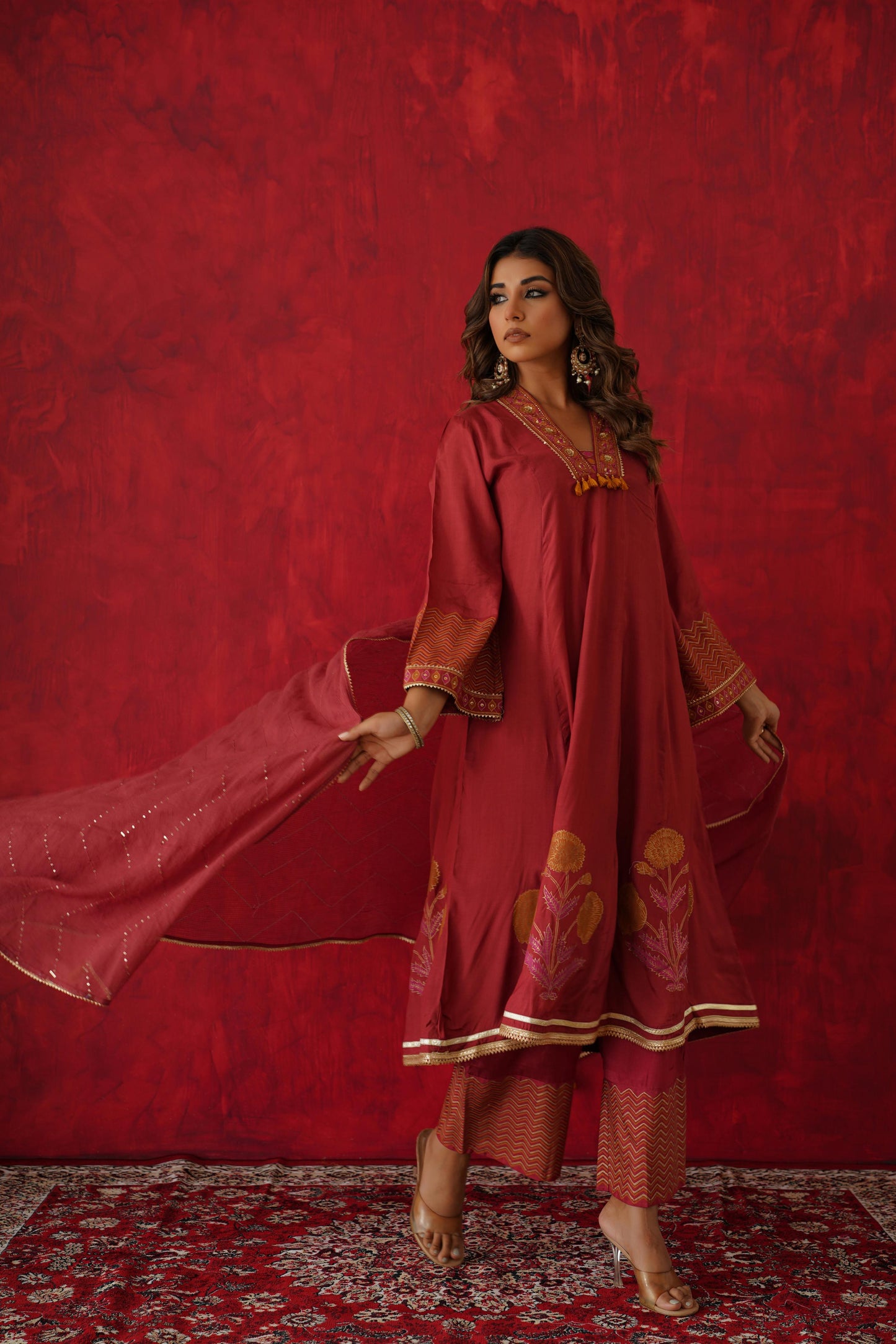 Maroon Embroidered Cotton Silk Suit Set