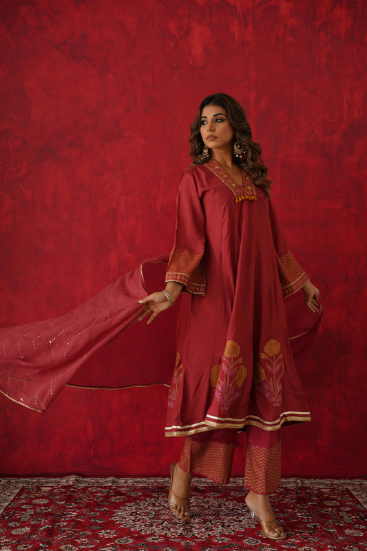 Maroon Embroidered Cotton Silk Suit Set