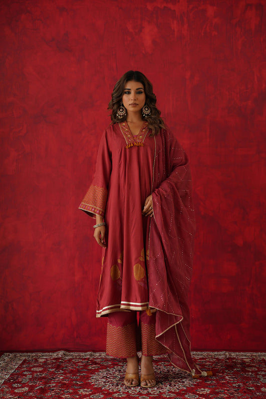 Maroon Embroidered Cotton Silk Suit Set
