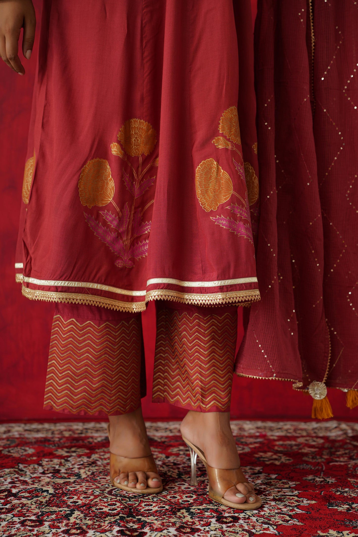Maroon Embroidered Cotton Silk Suit Set