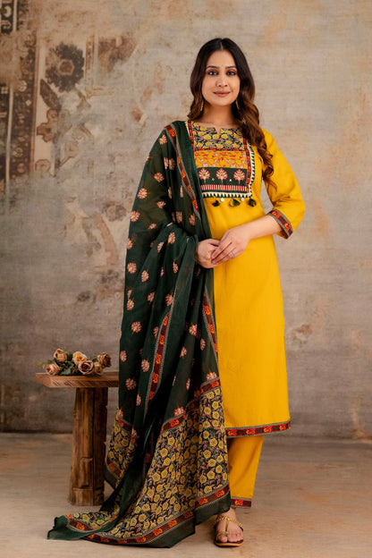Jaipure Mustard Yellow Cotton Kurti Set with Green Printed Dupatta 127002
